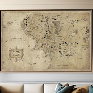 Impression sur toile, toile d'art carte ancienne, oeuvre d'art de carte, film Le Seigneur des anneaux, carte de la Terre du Milieu LOTR
