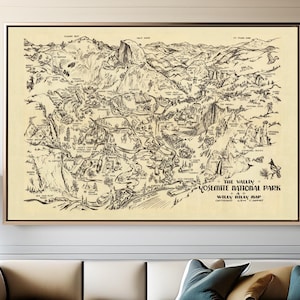 Canvas Yosemite National Park geanimeerde kaart| Yosemite Valley-muurafdruk | Yosemite canvas muurkunst| Vintage kaartposter voor wanddecoratie