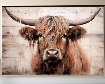 ハイランド牛の絵画額入りプリント、農家風アート、牛の木製背景