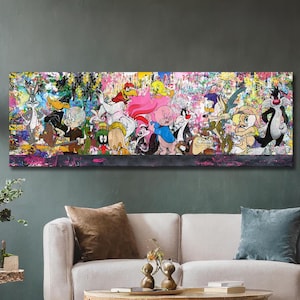 Tela Pop Art con personaggi multipli dei Looney Tunes in stile Banksy, poster dei cartoni animati dei Looney Tunes, Bugs Bunny, Tweety, Dorlock Homes, Road Runner