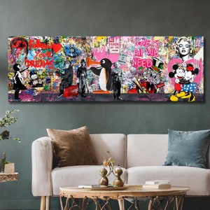 Toile pop art multi-personnages, dessin animé Mickey Mouse, canard, Noot Noot, singe, David Bowie, montgolfière, monopole