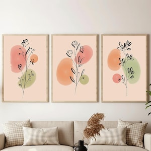 3er-Set Holzgerahmte botanische abstrakte Drucke | Pastell Mid Century Floral Wandkunst | Zartes Blumen-Galerie-Set