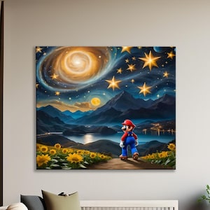 Mario Leinwand Wandkunst Super Mario Sternennacht, Mario Bros Leinwand Kunst Mario Wohnkultur Van Gogh Kunst Super Mario Geschenk, Geschenk für ihre Mario Kunst
