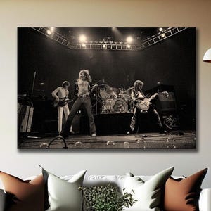 Lienzo impreso en blanco y negro con la banda musical de los años 70, Jimmy Page y Robert Plant, de Led Zeppelin, listo para colgar