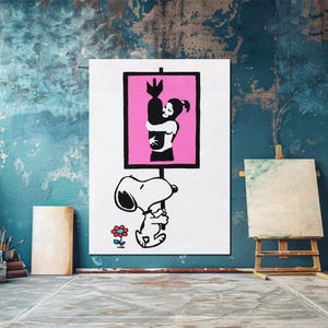 Cartoon Dog Protestor, Banksy Bomb Hugger-Inspired, Graffiti Street Art, Urban Pop Art, Hand-Painted Canvas, Modern Wall Decor