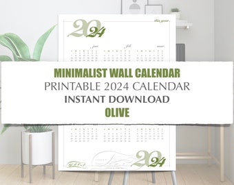 2024 Minimalist Printable Year Calendar - Olive Green, Modern Year on One Page Calendar, 4 sizes, 8.5 x 11, 11 x 14, 16 x 20, 18 x 24