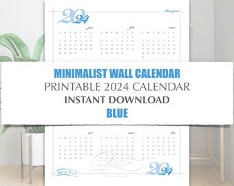 2024 Minimalist Printable Year Calendar - Blue, Modern Year on One Page Calendar, 4 sizes, 8.5 x 11, 11 x 14, 16 x 20, 18 x 24