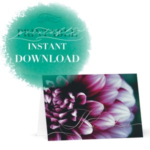 Pflaumen Dahlie Karte | Druckbare Dankeskarte | Kundenspezifische Kalligraphie | 2 druckbare Grußkarten, A2 Größe, 12 x 5,5 inch