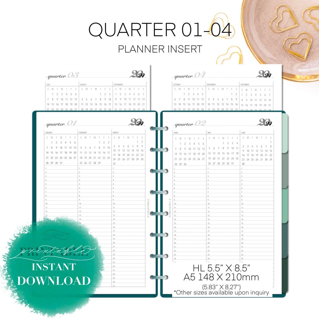 2024 Quarter on 4 Pages Planner Insert, Half Letter, A5 Insert, Undated ...