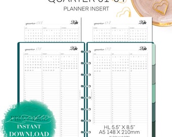 2024 Quarter on 4 pages Planner Insert, Half letter, A5 Insert, Undated Insert