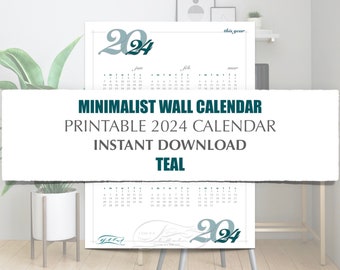 2024 Minimalist Printable Year Calendar - Teal, Modern Year on One Page Calendar, 4 sizes, 8.5 x 11, 11 x 14, 16 x 20, 18 x 24