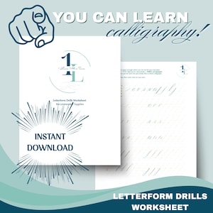 May include: A calligraphy worksheet with the text "YOU CAN LEARN calligraphy!" and "Letterform Drills Worksheet." The design features a pointing hand graphic and the words "INSTANT DOWNLOAD."