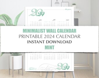 2024 Minimalist Printable Year Calendar - Mint Green, Modern Year on One Page Calendar, 4 sizes, 8.5 x 11, 11 x 14, 16 x 20, 18 x 24