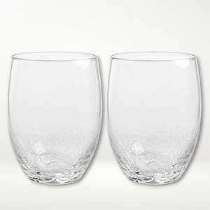 May include: Two clear, stemless glass tumblers featuring a distinct crackle texture on the lower half of each vessel. The upper portion of each glass is smooth and transparent, while the base displays a network of fine, web-like fissures.