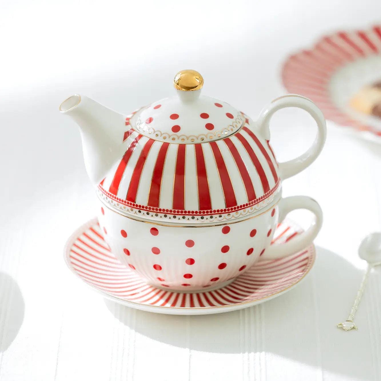 Grace Teaware Red Josephine Tea for One Set | Gold Trim Porcelain