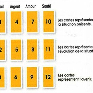 May include: A chart with 12 numbered squares, labeled with the French words for work, money, love, and health. The chart is divided into three sections: present, future, and evolution.