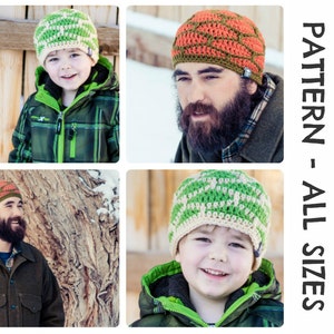 May include: A collage of four images showing people wearing crocheted beanies in different colours. The beanies are all made with a shell stitch pattern. The text "SHELL SHOCK BEANIE PATTERN - ALL SIZES" is visible in the image.