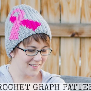 May include: A grey crochet hat with a pink ribbon design. The hat is being worn by a person with short brown hair and glasses.