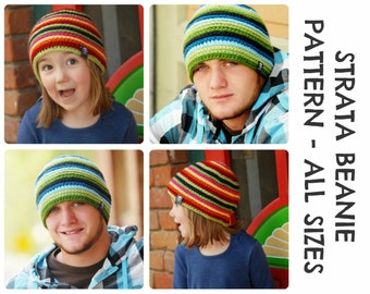 Può includere: Uno schema per un berretto all'uncinetto per tutte le taglie. Lo schema presenta un design a righe colorate con righe verdi, blu, rosse, gialle e nere. Lo schema si chiama "Strata Beanie".
