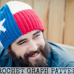 May include: A crocheted beanie hat with a red, white, and blue design resembling the Texas state flag. The hat features a white star on a blue background and a red stripe.