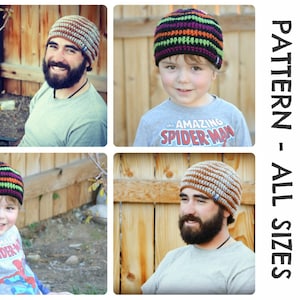 May include: A crochet beanie pattern called "Shockwave Beanie" in multiple sizes. The pattern features a striped design with black, orange, green, and purple yarn. The beanie is shown on three people of different ages.