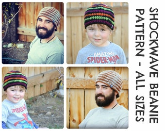 CROCHET HAT PATTERNS Shockwave Beanie - Baby, Child, & Adult Sizes