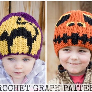 May include: Two children wearing crocheted hats. One hat is purple with a black cat silhouette and the other is orange with a black jack-o'-lantern face.  CROCHET GRAPH PATTERN.