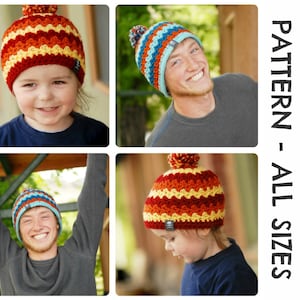 May include: A crochet beanie pattern for all sizes, featuring a colorful striped design with a pompom on top. The pattern is called "Ziggy Beanie".
