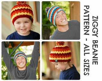 Può includere: Uno schema per un berretto all'uncinetto per tutte le taglie, con un design a righe colorate e un pon pon in cima. Lo schema si chiama "Ziggy Beanie".