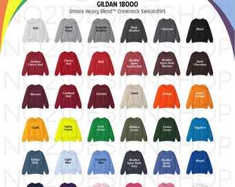 May include: A colour chart of Gildan 18000 unisex heavy blend crewneck sweatshirts. The chart displays a variety of colours, including ash, black, red, orange, green, blue, and purple. The text "COLOR CHART" is at the top.
