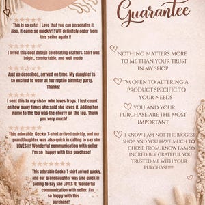 May include: A decorative sign with the text "LOVE IT Guarantee" and customer testimonials. The sign features a neutral color palette with floral accents and heart illustrations, conveying a message of trust and satisfaction.