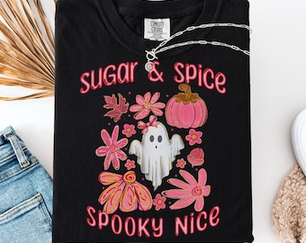 Pink Halloween Shirt, Cute Ghost with Pink Pumpkins and Fall Leaves, Pastel Spooky Season Tee, Soft Aesthetic Fall T-Shirt