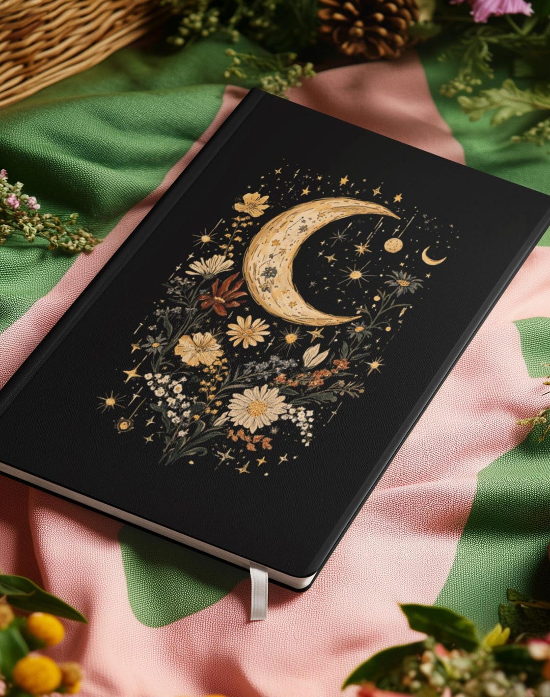Golden Crescent Moon Floral Journal | Celestial Floral Moon and Stars ...