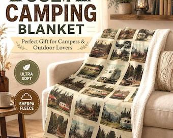 Cozy Camping Sherpa Blanket, Gift for Campers, Vintage RV Blanket, Outdoor Lover Gift, Cottagecore Cabin Decor, Travel Throw Blanket