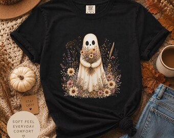 Boho Ghost Shirt, Floral Ghost T Shirt, Cottagecore Halloween Shirt, Wildflower Autumn Tee, Cozy Spooky Season Gift for Women