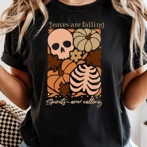 Autumn Graphic T-Shirt with Fall Leaves and Skull Design, Cozy Halloween Apparel, Halloween Boho Matisse style, Pumpkin Fest Fashion