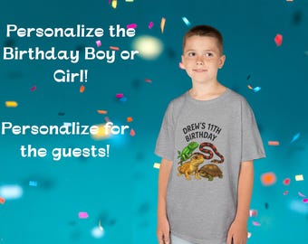 Kids Birthday Gecko Tee, Personalized Party Shirt, Whimsical Reptile Lover Gift, Boy Girl Guest, Kids Heavy Cotton™ T-Shirt, Kids Clothing