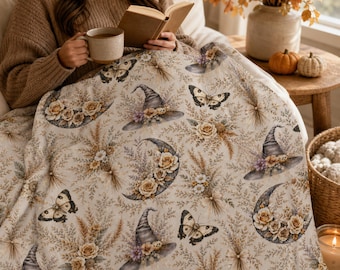 Boho Witch Hat Velveteen Blanket, Cozy Halloween Throw Blanket, Floral Moon Blanket, Fall Cottage core Home Decor, Available in 3 Sizes
