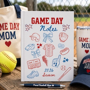 May include: A selection of baseball-themed merchandise, including a tote bag, notebook, tumbler, and cap, all bearing the text "Game Day Mom". A baseball, glove, and pen are also visible. The notebook features baseball-related illustrations.