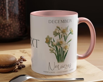 Personlig påskeliljemugg - Blomdesign för decemberfödelsedag, personlig present till mamma, mormor, flickvän, henne, julfödelsedagspresent