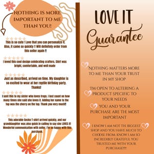Puede incluir: Un gr&aacute;fico naranja y marr&oacute;n con el texto "&iexcl;NADA ES M&Aacute;S IMPORTANTE PARA M&Iacute; QUE T&Uacute;!" y "Garant&iacute;a LOVE IT". El gr&aacute;fico incluye rese&ntilde;as de clientes e ilustraciones de corazones.