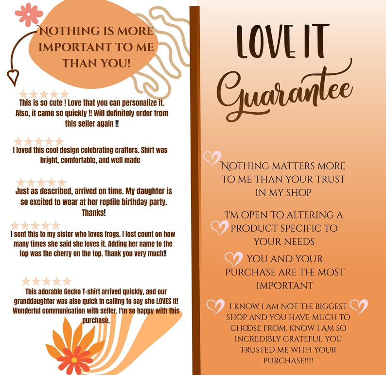 Puede incluir: Un gr&aacute;fico naranja y marr&oacute;n con el texto "&iexcl;NADA ES M&Aacute;S IMPORTANTE PARA M&Iacute; QUE T&Uacute;!" y "Garant&iacute;a LOVE IT". El gr&aacute;fico incluye rese&ntilde;as de clientes e ilustraciones de corazones.
