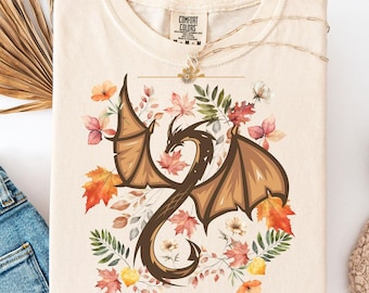 Camisa con dragón floral de colores cómodos, camiseta con estética cottagecore otoñal, camiseta para chicas que aman los dragones, camiseta suave de estilo vintage con núcleo de fantasía