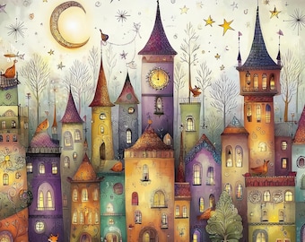 Watercolor Fairyland Clip Art, Whimsical Town, Junk Journal (Digital Download)