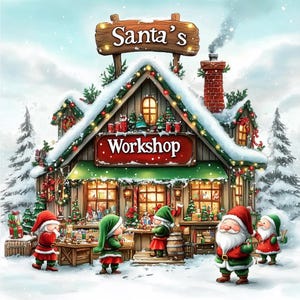Puede incluir: Una ilustración festiva del taller de Santa Claus, un edificio de madera decorado con luces navideñas y vegetación. El letrero sobre la entrada dice "Santa's Workshop". Cinco elfos están de pie frente al edificio, algunos sosteniendo regalos y otros mirando al espectador.
