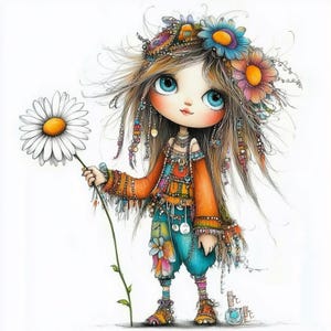 Puede incluir: Una ilustración caprichosa de una niña con el pelo largo y castaño que lleva una diadema colorida y un vestido estampado. Está sosteniendo una margarita blanca con un centro amarillo.