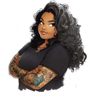 May include: A woman with dark curly hair and a black t-shirt with her arms crossed. She has a tattoo on her left arm with a blue butterfly design.