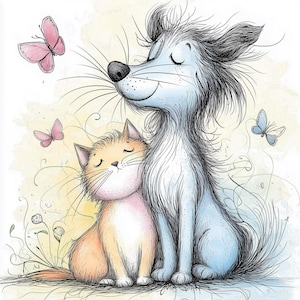 Cute Dog and Cat on a Branch 10 High Resolution Watercolor JPGs Junk Journaling, Scrapbooking, Card Making, Digital Download Whimsical