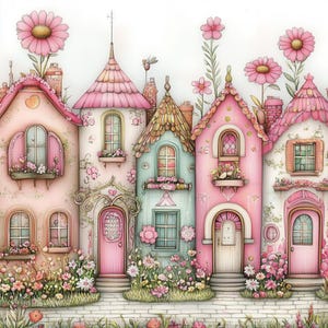 10 11,5x11,5 Rząd Różowych Domków Wysokiej Rozdzielczości JPG do Junk Journaling, Scrapbookingu, Tworzenia Kartek, Pobierania Cyfrowego, Shabby Chic, Kwiaty