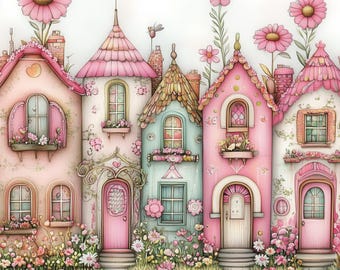 10 archivos JPG de alta resolución de 11,5 x 11,5 de una hilera de casas rosas para diarios basura, álbumes de recortes, creación de tarjetas, descargas digitales, estilo shabby chic y flores.